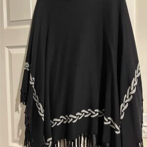 J. McLaughlin Black Knit Circle Poncho with Light Gray Braid and Fringe NWT
